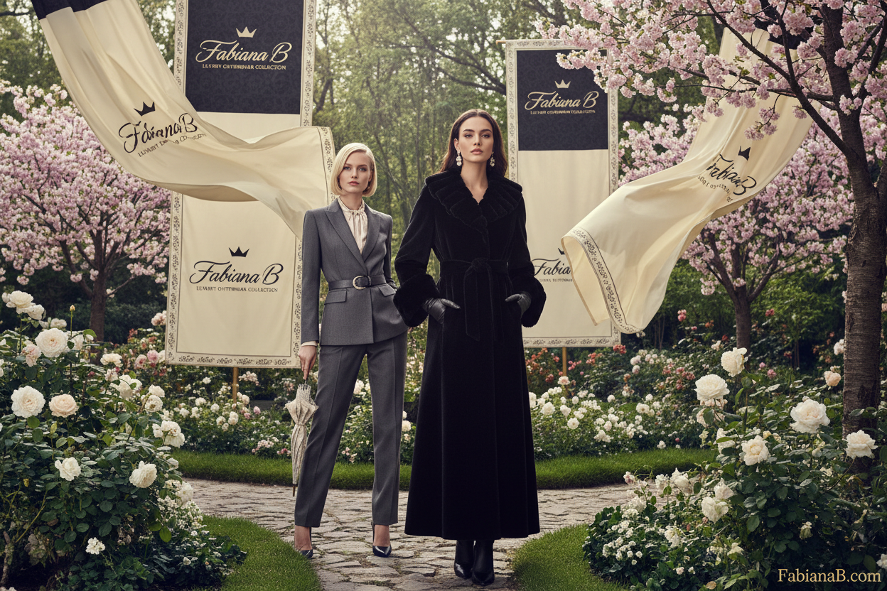 generami un tema per cappotti da donna che rappresena anche marchio con baner e bandiera dietro e laterali  Fabiana B  una donna che indossa cappotto di colore nero e una donna con suite foto fatta nel giardino